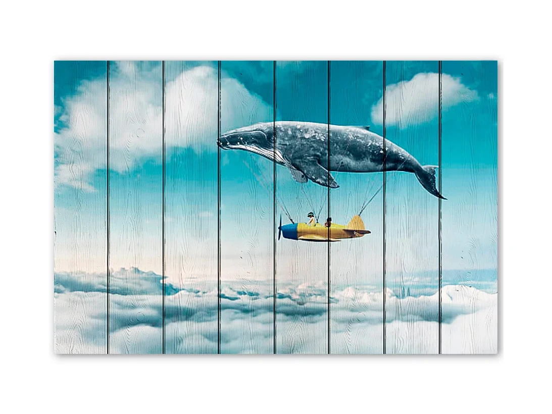 Картина на дереве Летающий кит 40х60 см 637912