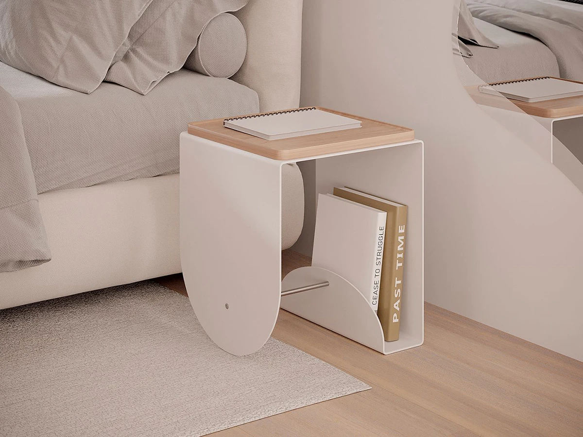 Тумба-стол Куб белого цвета с деревянным подносом из ясеня 947400  - фото 4