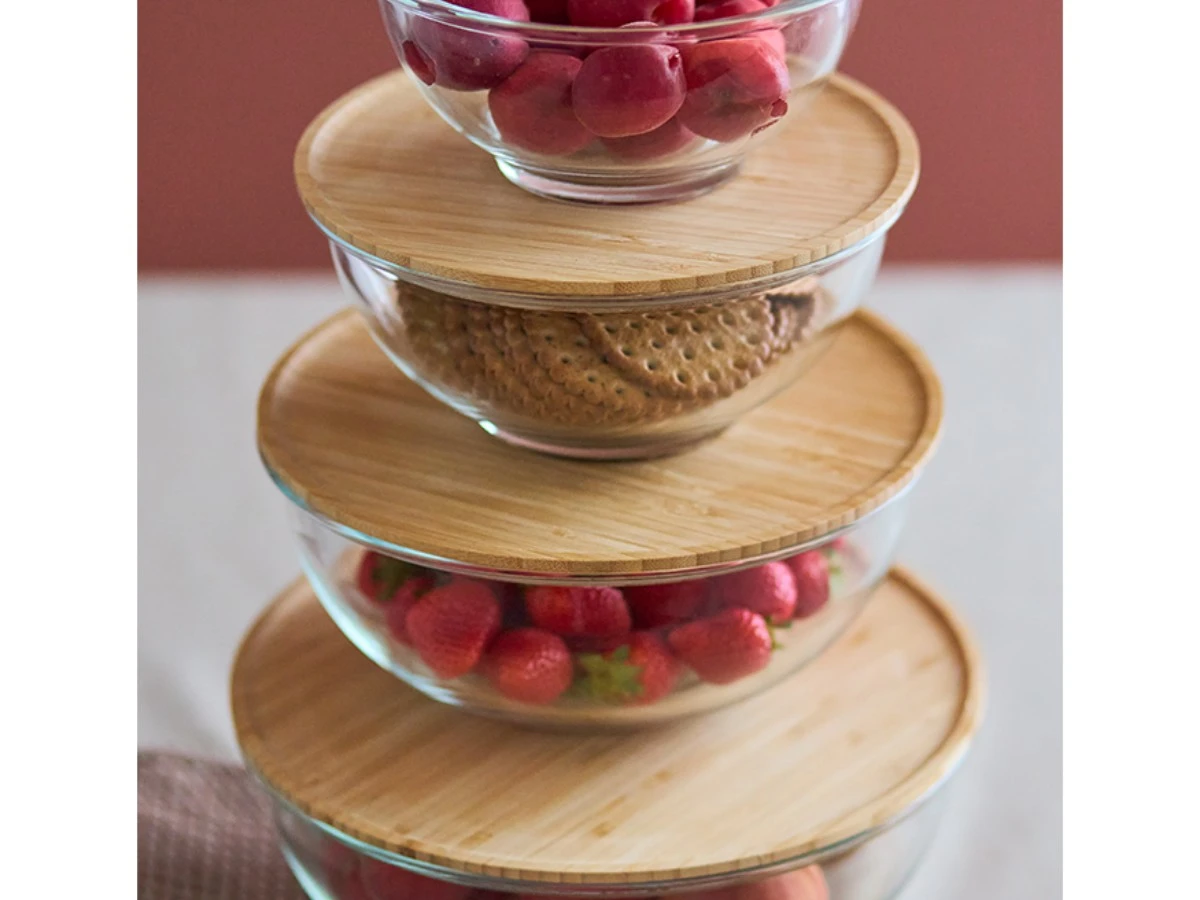 Набор из 4-х стеклянных мисок Eco Store с крышками из бамбука 948793  - фото 3
