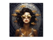 Картина на холсте Девушка с золотыми рыбками №2, 30x30 см