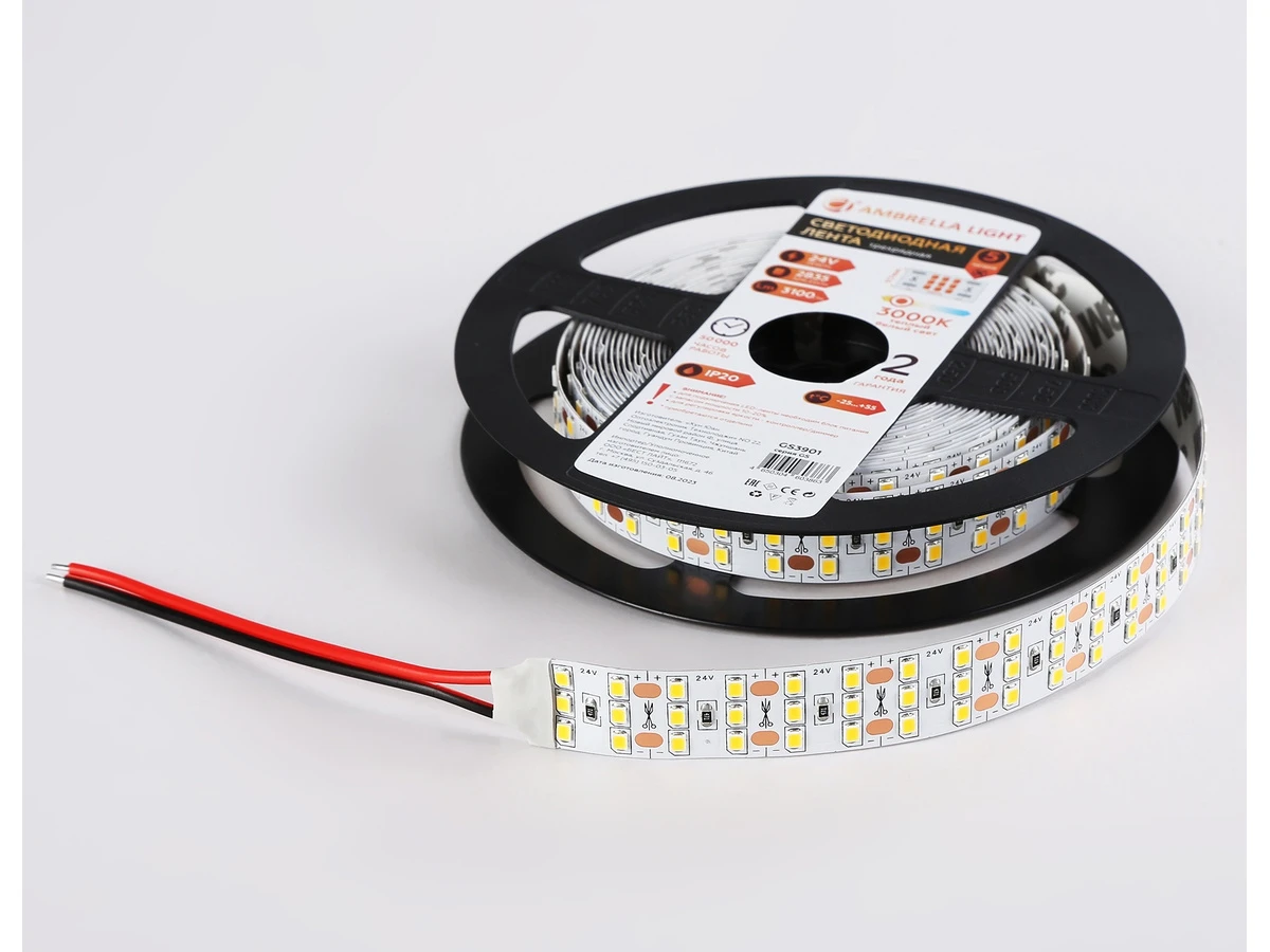 Светодиодная лента трехрядная GS3901 2835 324Led /26W m/ 24V IP20 3000K 5m (2 конт.) LED Strip 24V 1000753  - фото 6