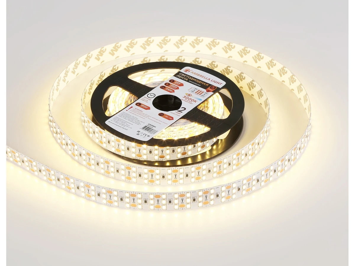 Светодиодная лента трехрядная GS3901 2835 324Led /26W m/ 24V IP20 3000K 5m (2 конт.) LED Strip 24V 1000753  - фото 3