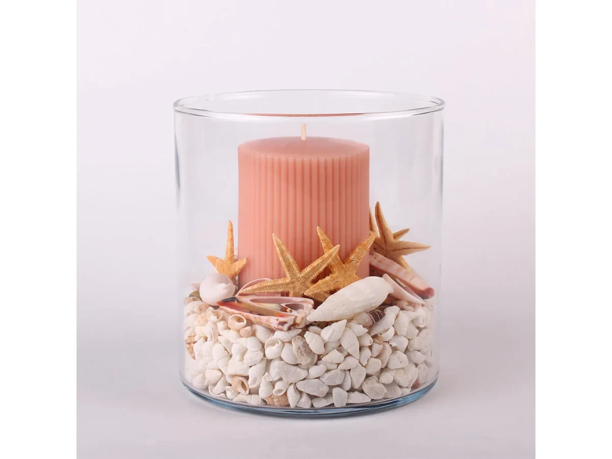 Розовая свеча с ракушками в стекле 708748